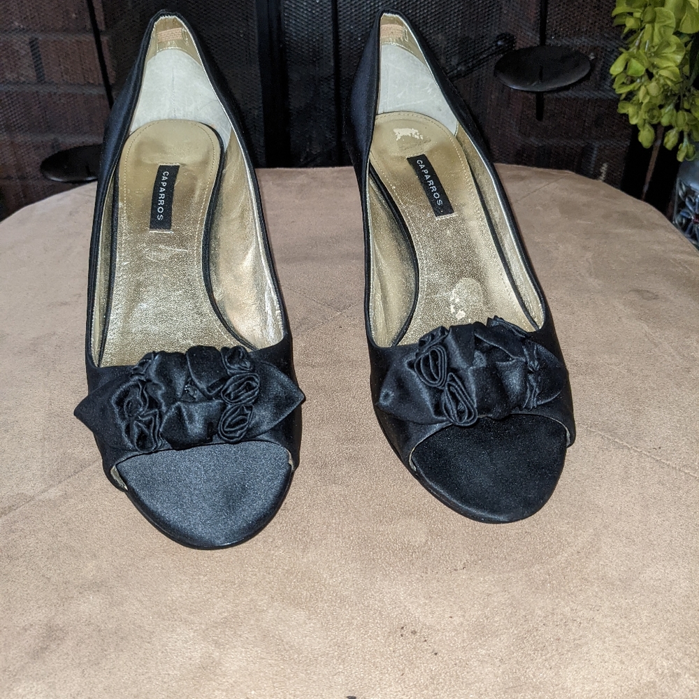 Satin peep toe ruffle bow heels